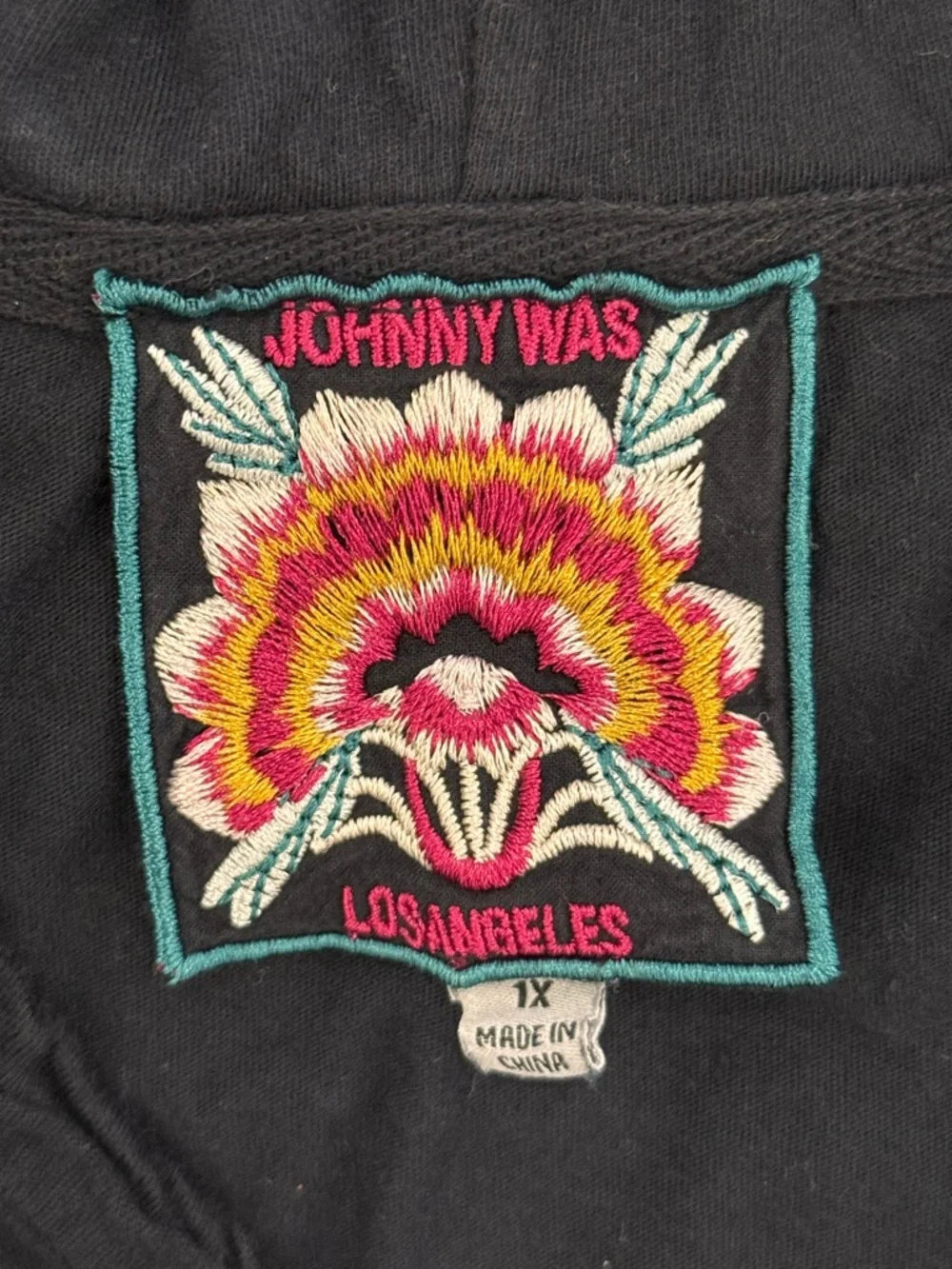 Johnny Was Black V-Neck Tunic with Floral and Geometric Embroidery and hood - Picture 2 of 5